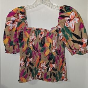 Eva Mendes Floral Puff Sleeve Smocked Crop Top Size Small